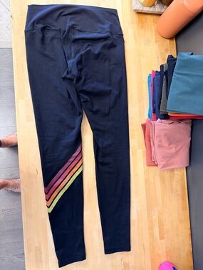 Aviator Nation Black Leggings with Pink Orange Yellow Stripe Detail